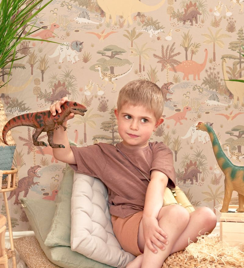 Majvillan dino behang voor de kinderkamer dinosaur vibes beige