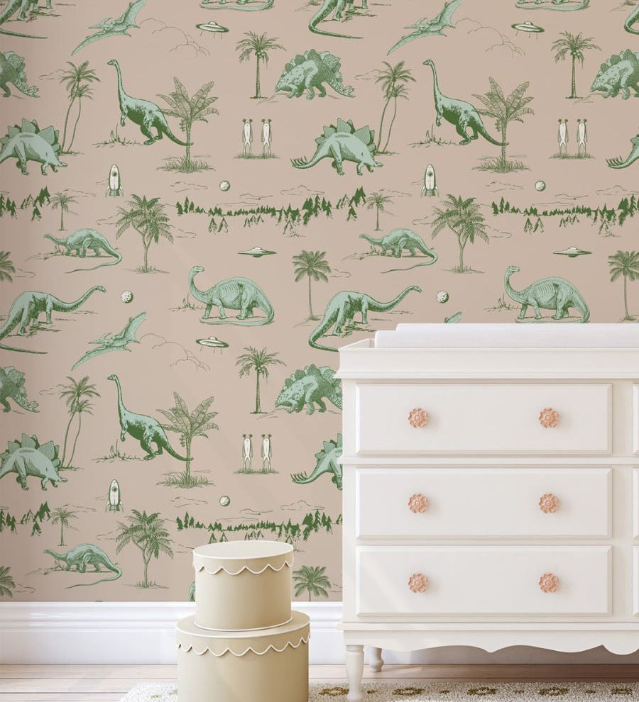 May and Fay Dino Planet dino behang voor de jongenskamer groen beige