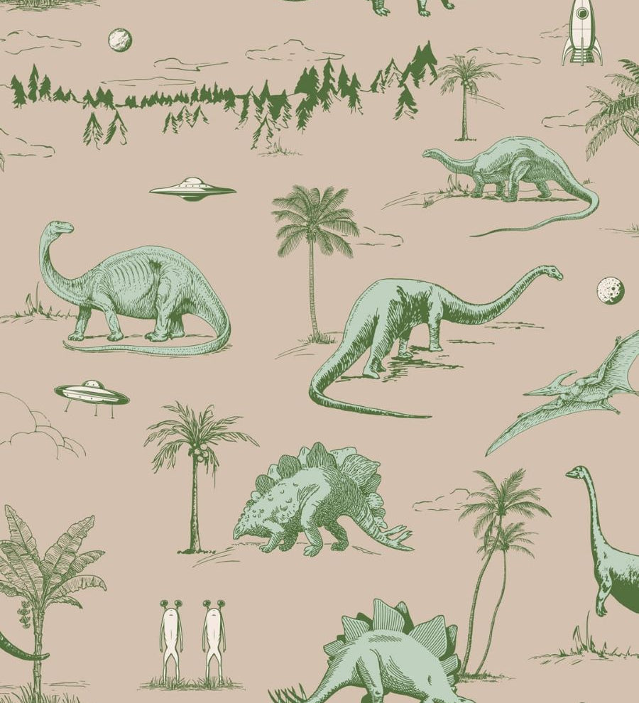 May and Fay Dino Planet dino behang voor de jongenskamer groen beige