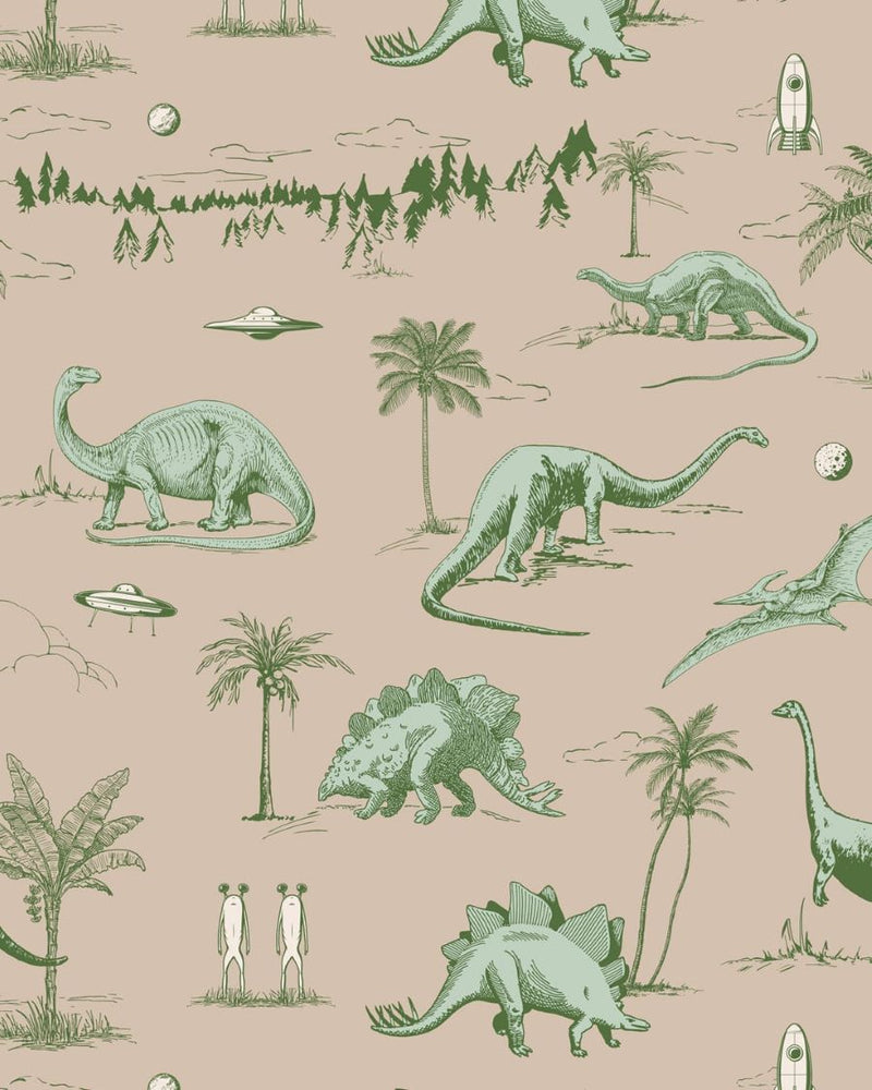 May and Fay Dino Planet dino behang voor de jongenskamer groen beige