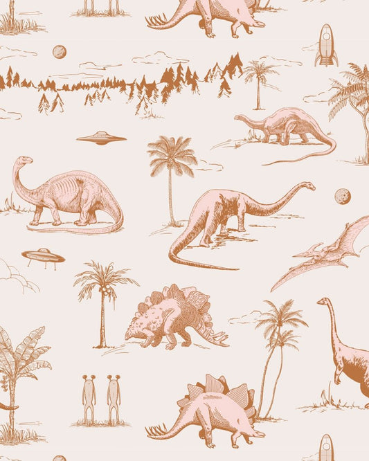 May and Fay Dino Planet dino behang voor de meisjeskamer roze beige