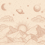 May en Fay fotobehang babykamer neutrale kinderkamer bergen zon sterren beige cosmic hills 