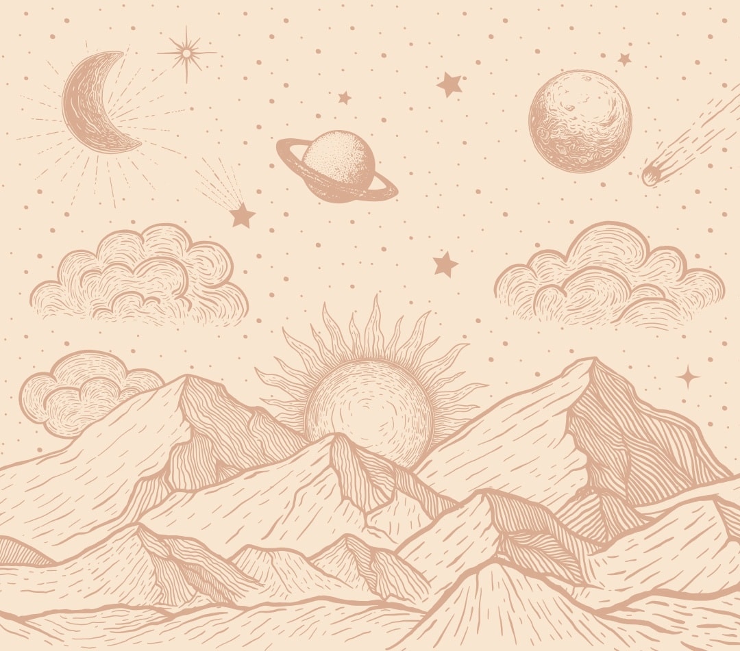 May en Fay fotobehang babykamer neutrale kinderkamer bergen zon sterren beige cosmic hills 