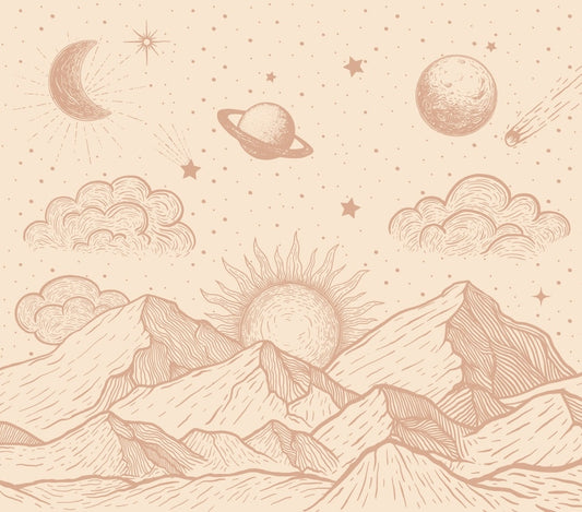 May en Fay fotobehang babykamer neutrale kinderkamer bergen zon sterren beige cosmic hills 