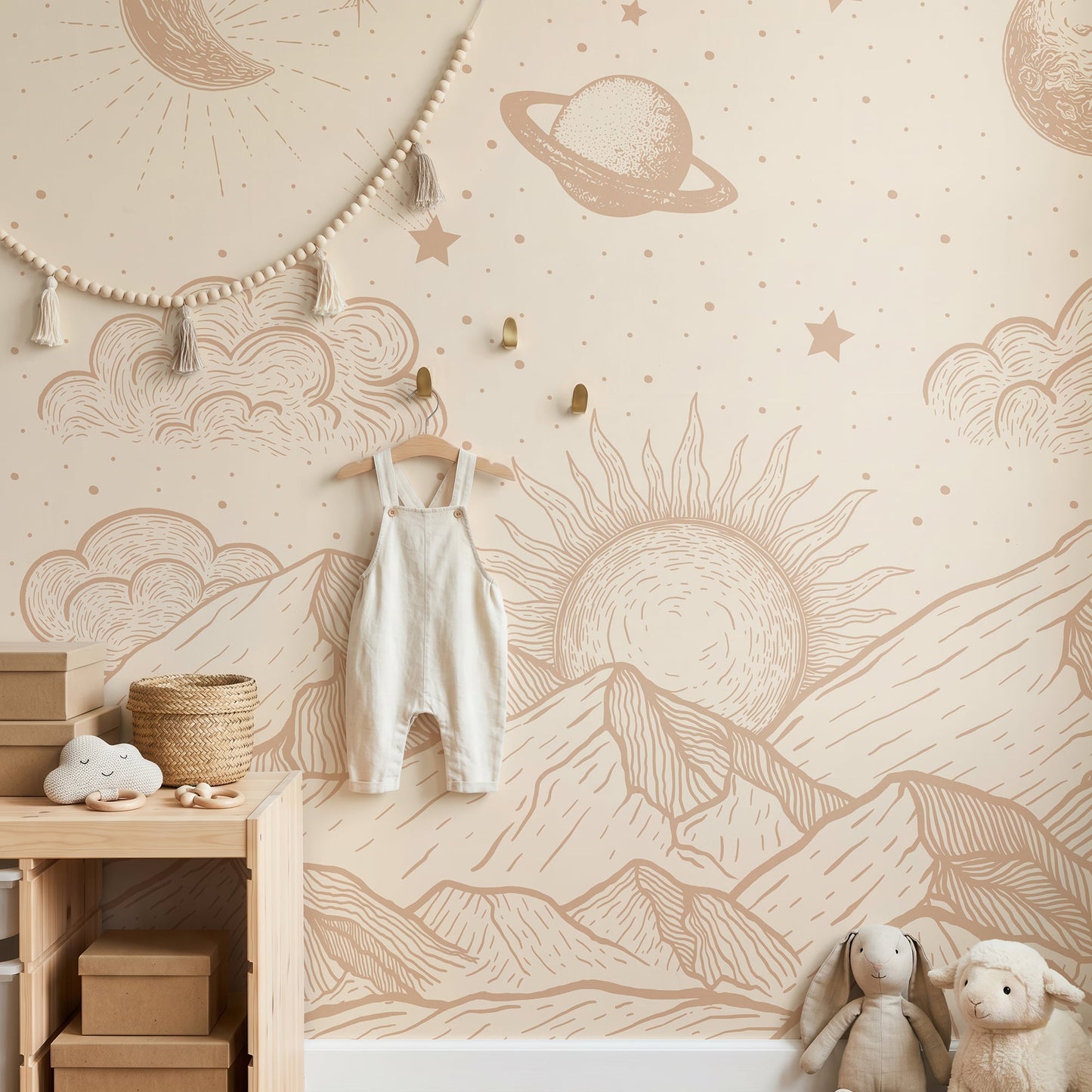 May en Fay fotobehang babykamer neutrale kinderkamer bergen zon sterren beige cosmic hills 