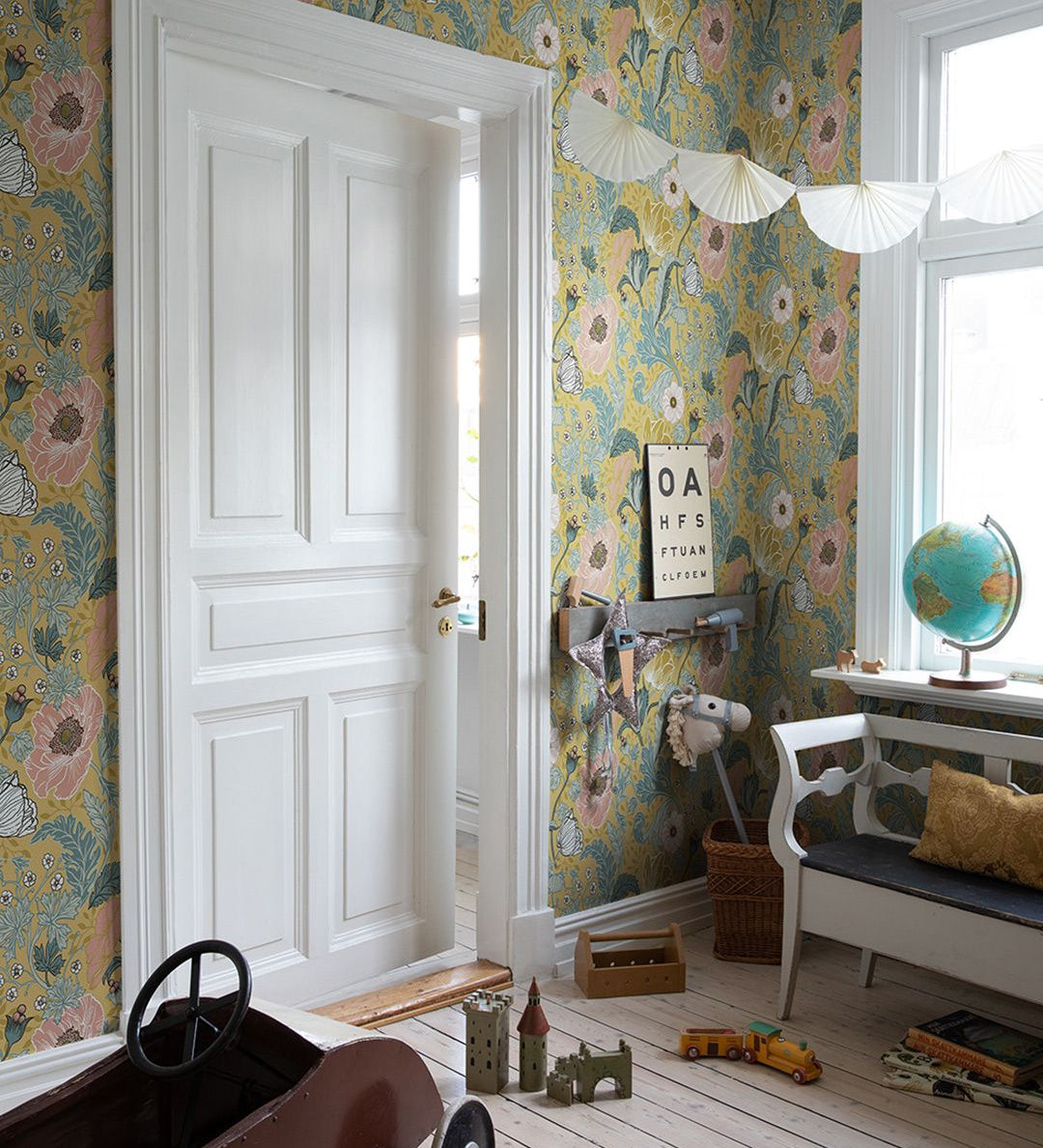 Midbec Anemone Anemoon bloemenbehang voor meisjeskamer en babykamer oker 33002