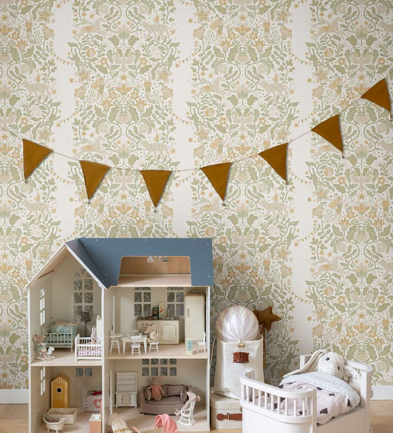 Midbec Cirkus behang voor de kinderkamer uit de collectie Resan. Circus behang voor de kinderkamer beige en olijfgroen 29025
