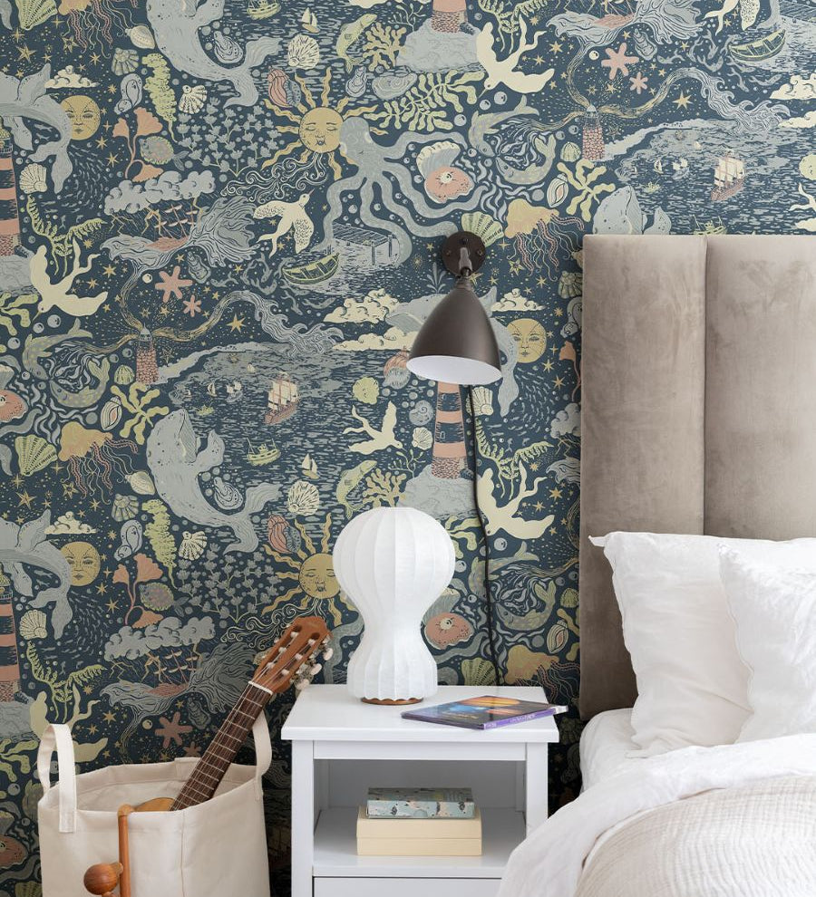 Havet Midbec uit Resan collectie kinderkamer behang zeedieren donkerblauw 29018