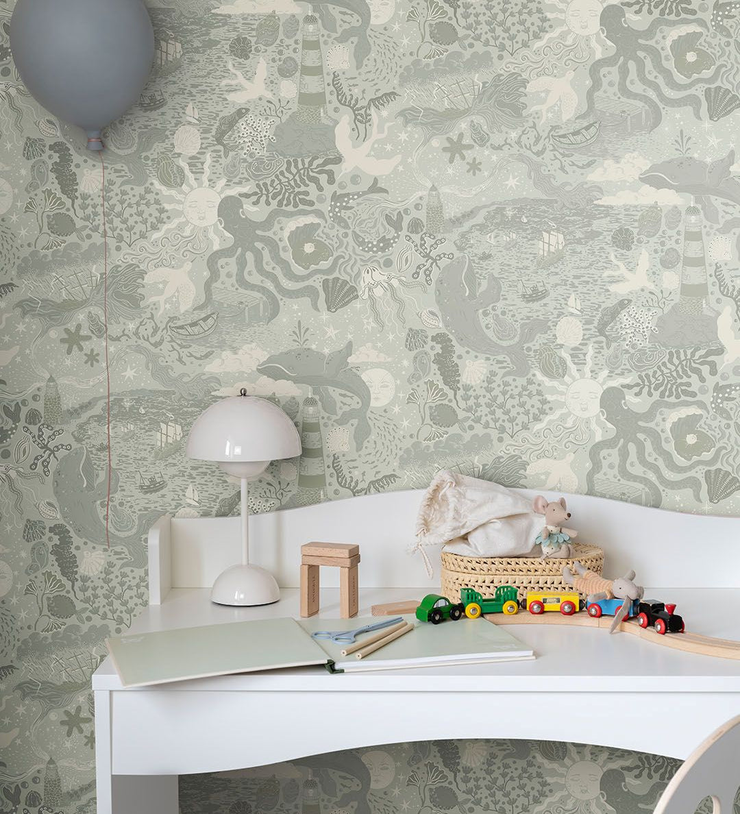 Havet Midbec uit Resan collectie kinderkamer behang zeedieren zacht groen 29017