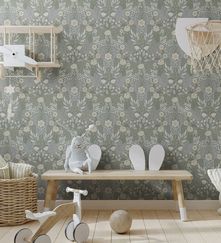 Midbec ang bloemen behang voor de kinderkamer vergrijsd blauw 26019