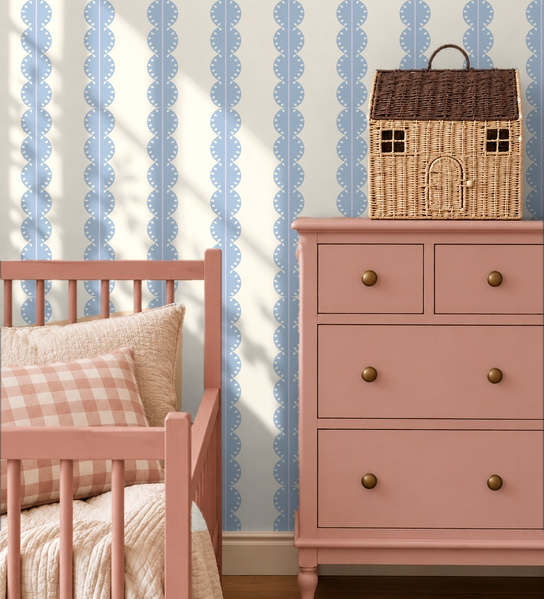 Papr Walls strepen behang meisjeskamer of babykamer met boogjes bubble dot lichtblauw lila