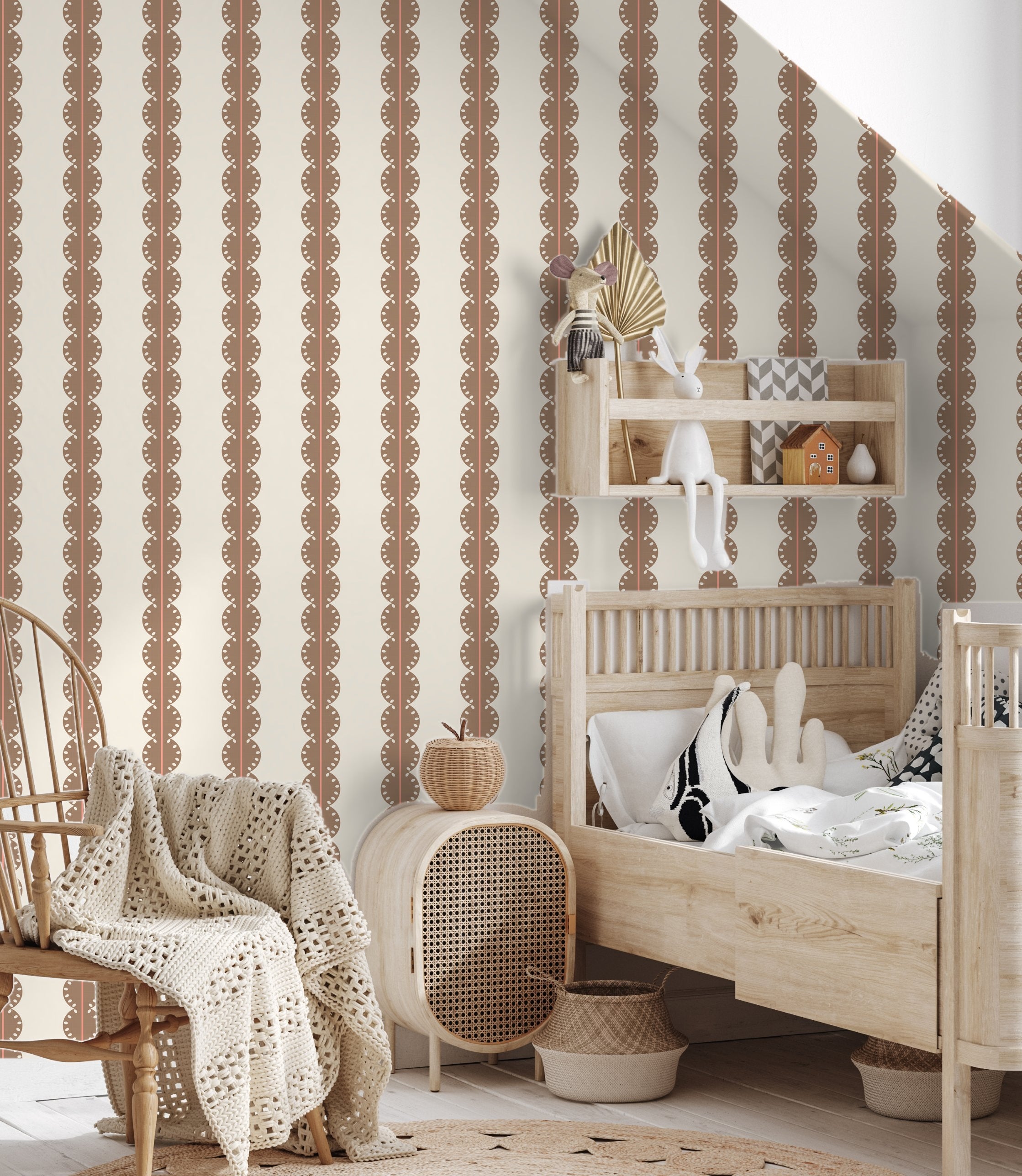 Papr Walls strepen behang meisjeskamer of babykamer met boogjes bubble dot bruin koraal