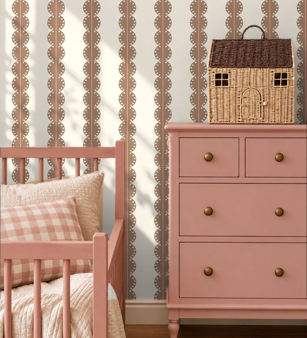 Papr Walls strepen behang meisjeskamer of babykamer met boogjes bubble dot bruin koraal