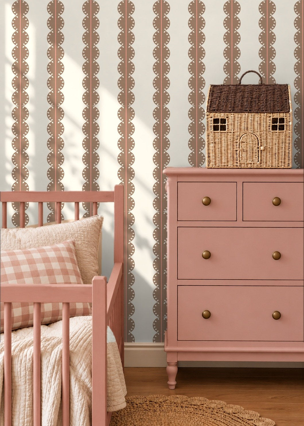 Papr Walls strepen behang meisjeskamer of babykamer met boogjes bubble dot bruin koraal