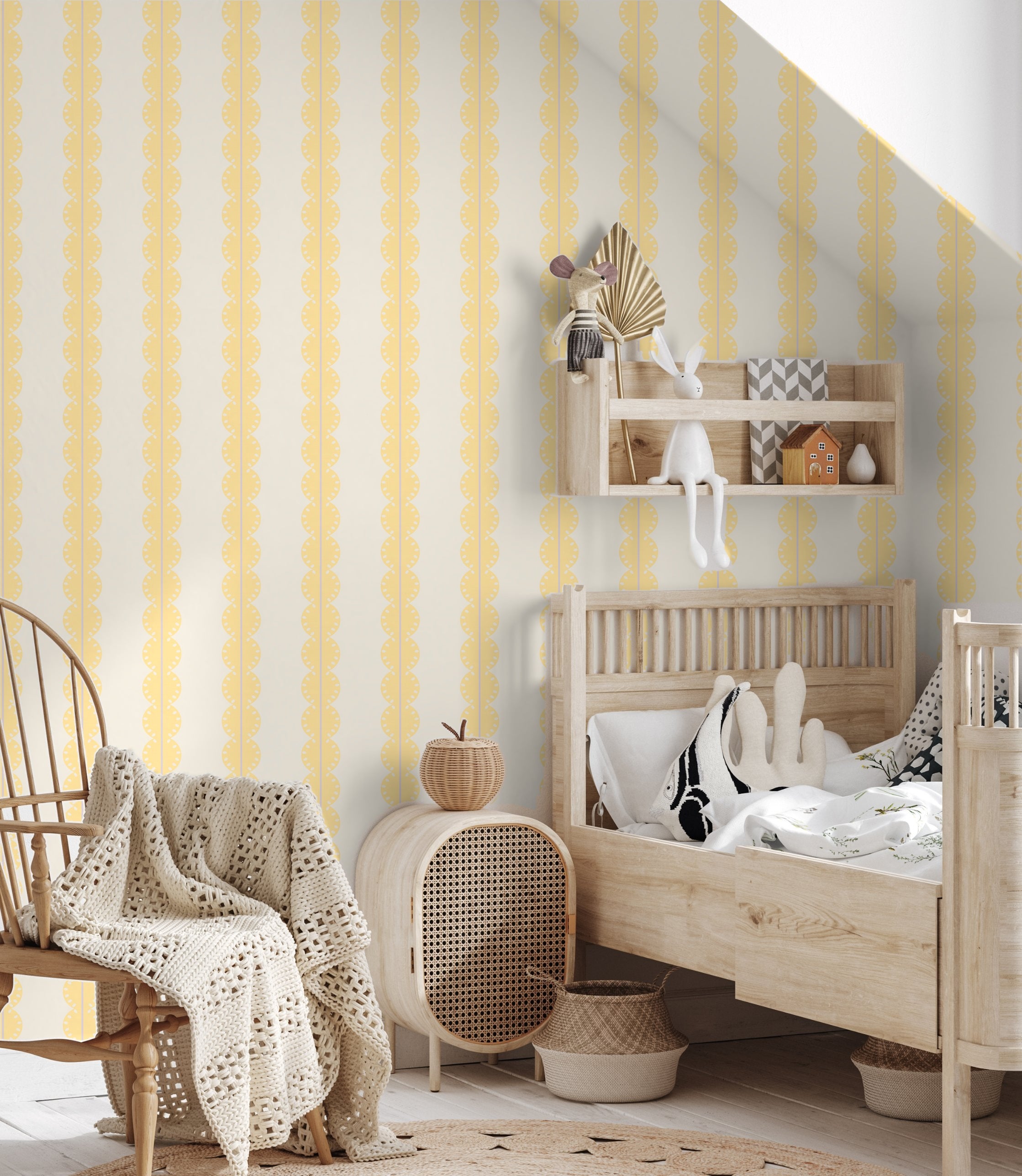 Papr Walls strepen behang meisjeskamer of babykamer met boogjes bubble dot geel lila 