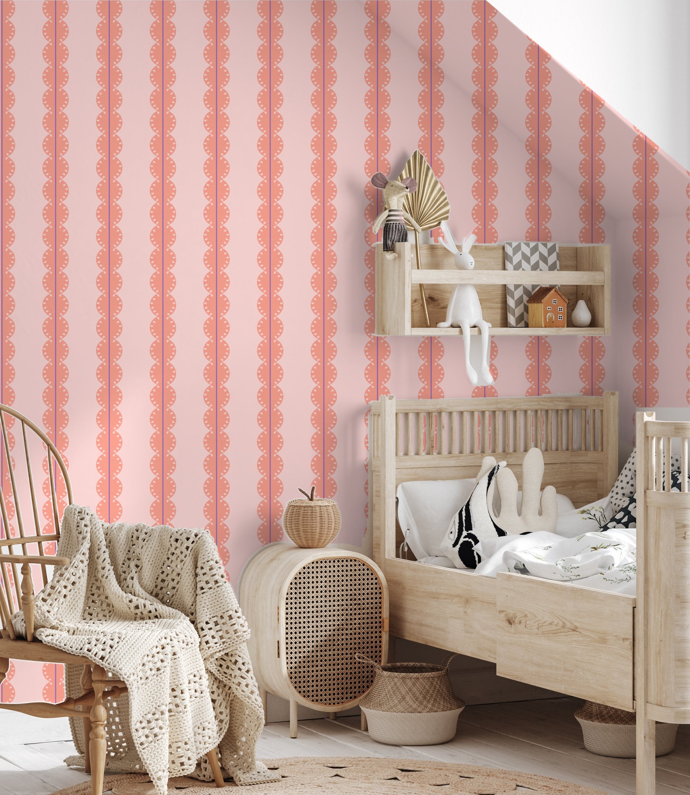 Papr Walls strepen behang meisjeskamer of babykamer met boogjes bubble dot paars koraal
