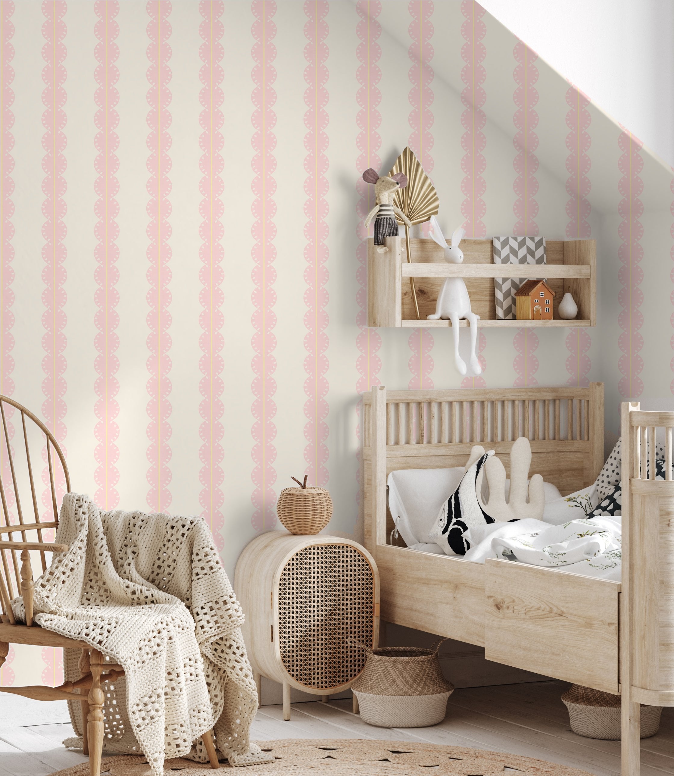 Papr Walls strepen behang meisjeskamer of babykamer met boogjes bubble dot lichtroze geel