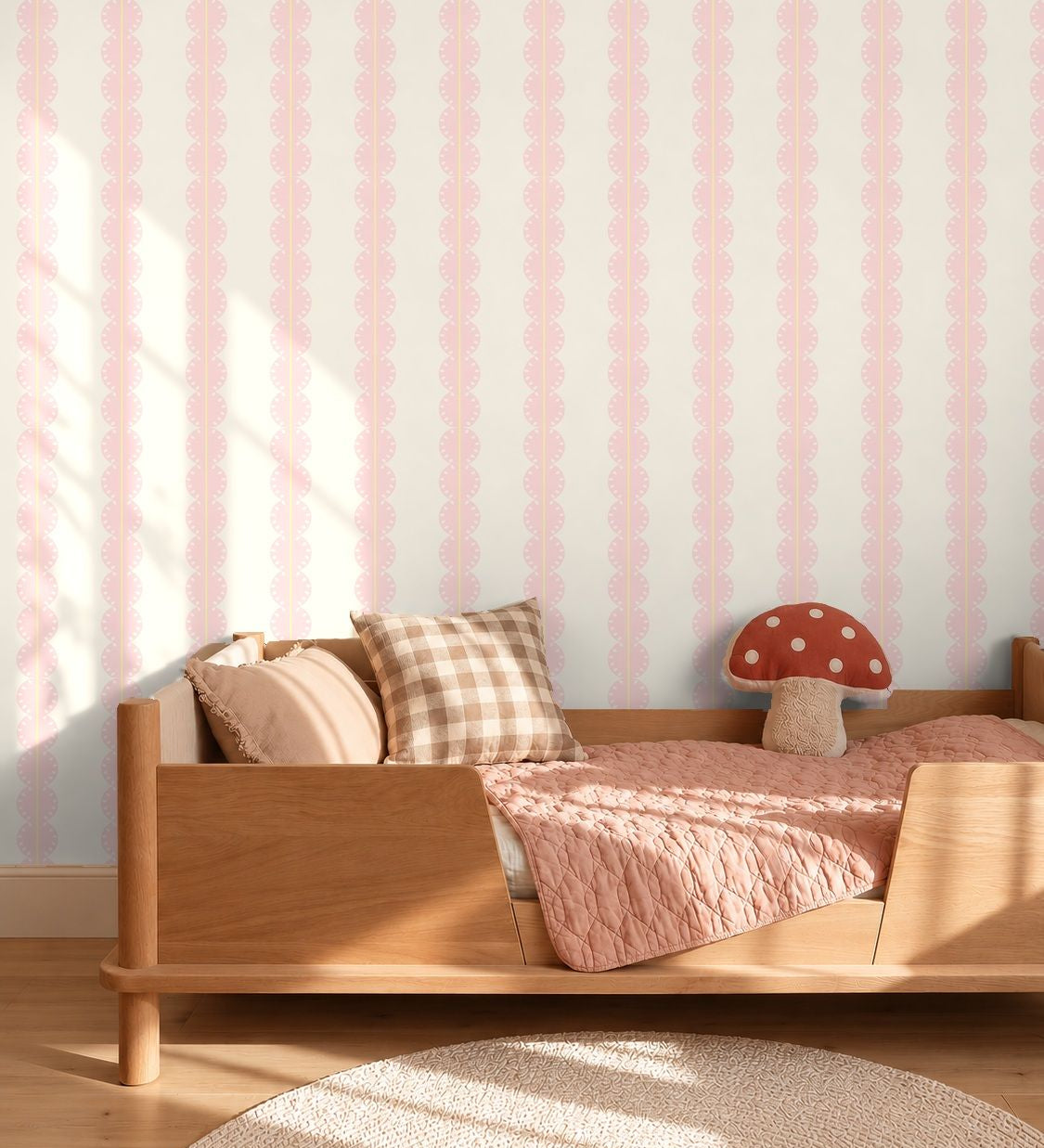Papr Walls strepen behang meisjeskamer of babykamer met boogjes bubble dot lichtroze geel