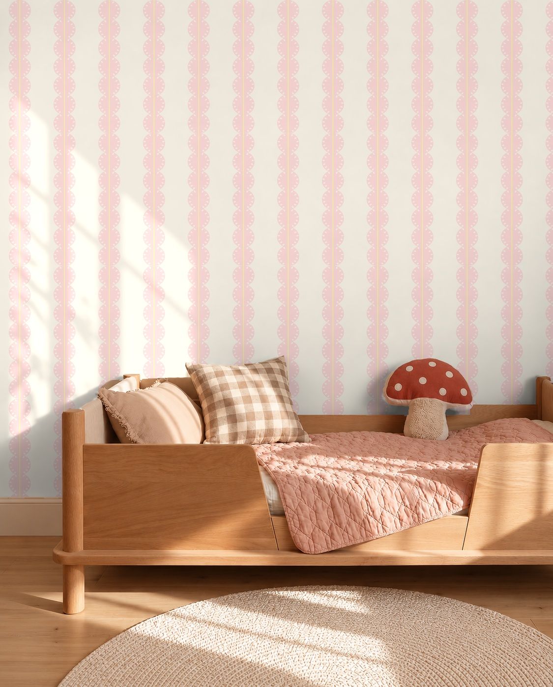 Papr Walls strepen behang meisjeskamer of babykamer met boogjes bubble dot lichtroze geel