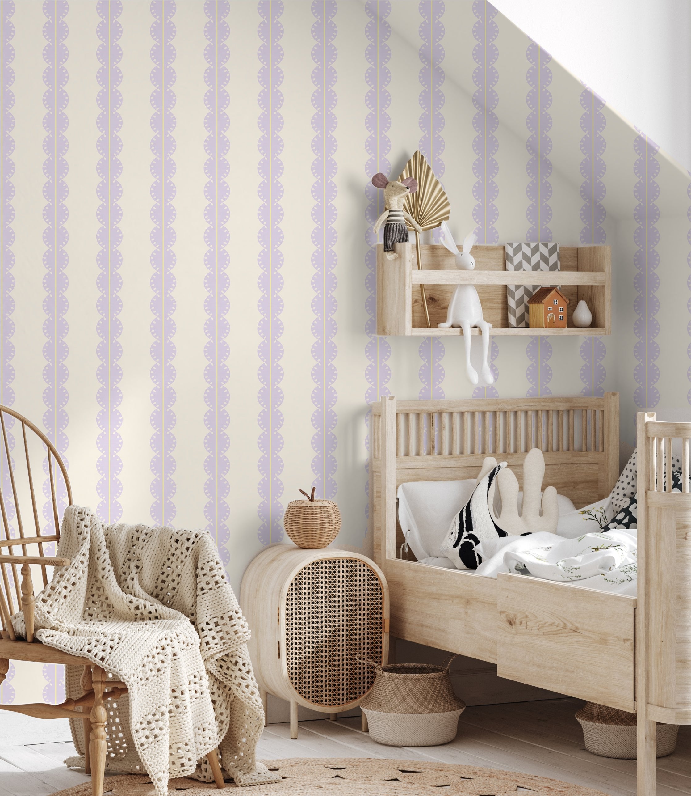 Papr Walls strepen behang meisjeskamer of babykamer met boogjes bubble dot lila geel