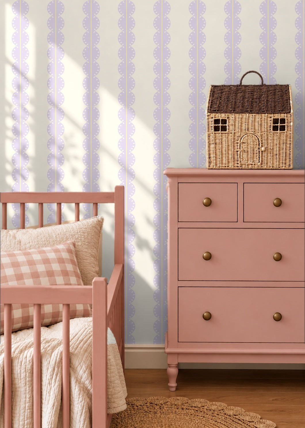 Papr Walls strepen behang meisjeskamer of babykamer met boogjes bubble dot lila geel
