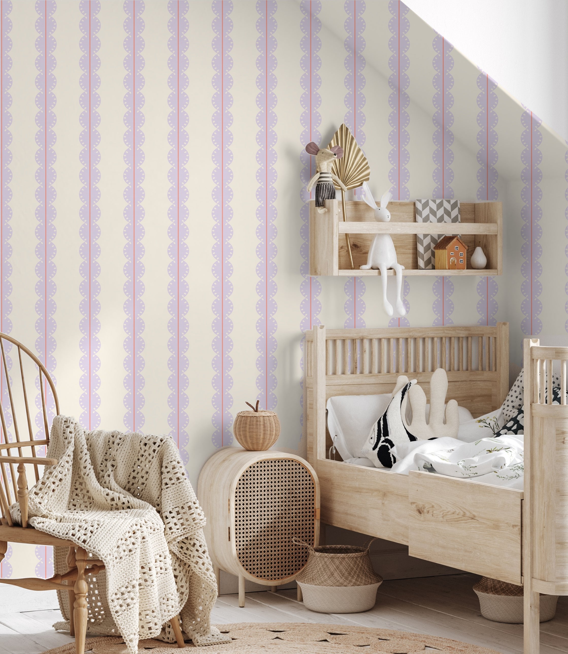 Papr Walls strepen behang meisjeskamer of babykamer met boogjes bubble dot lila koraal