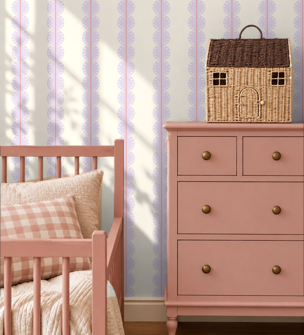 Papr Walls strepen behang meisjeskamer of babykamer met boogjes bubble dot lila koraal