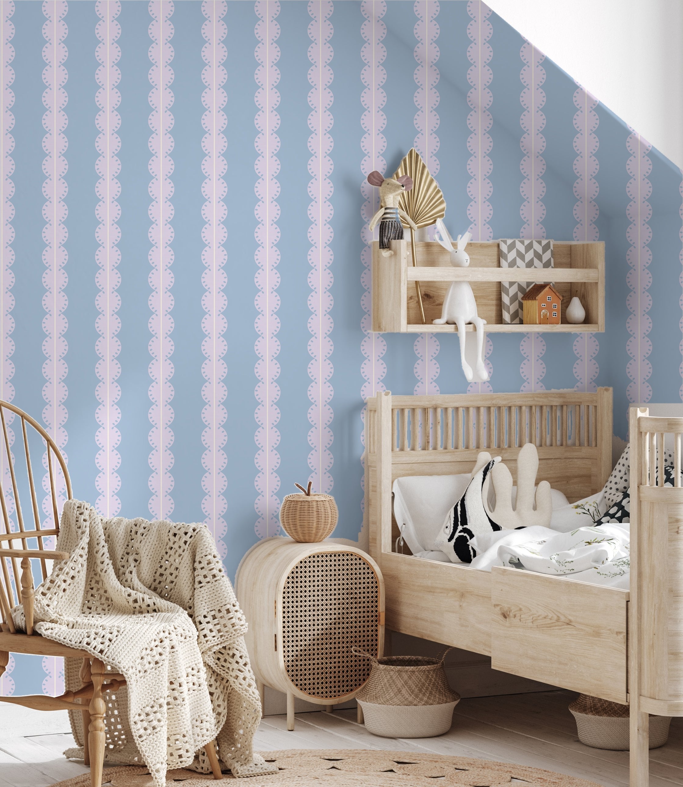 Papr Walls strepen behang meisjeskamer of babykamer met boogjes bubble dot lila wit lichtblauw