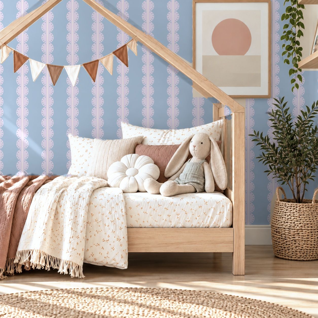 Papr Walls strepen behang meisjeskamer of babykamer met boogjes bubble dot lila wit lichtblauw