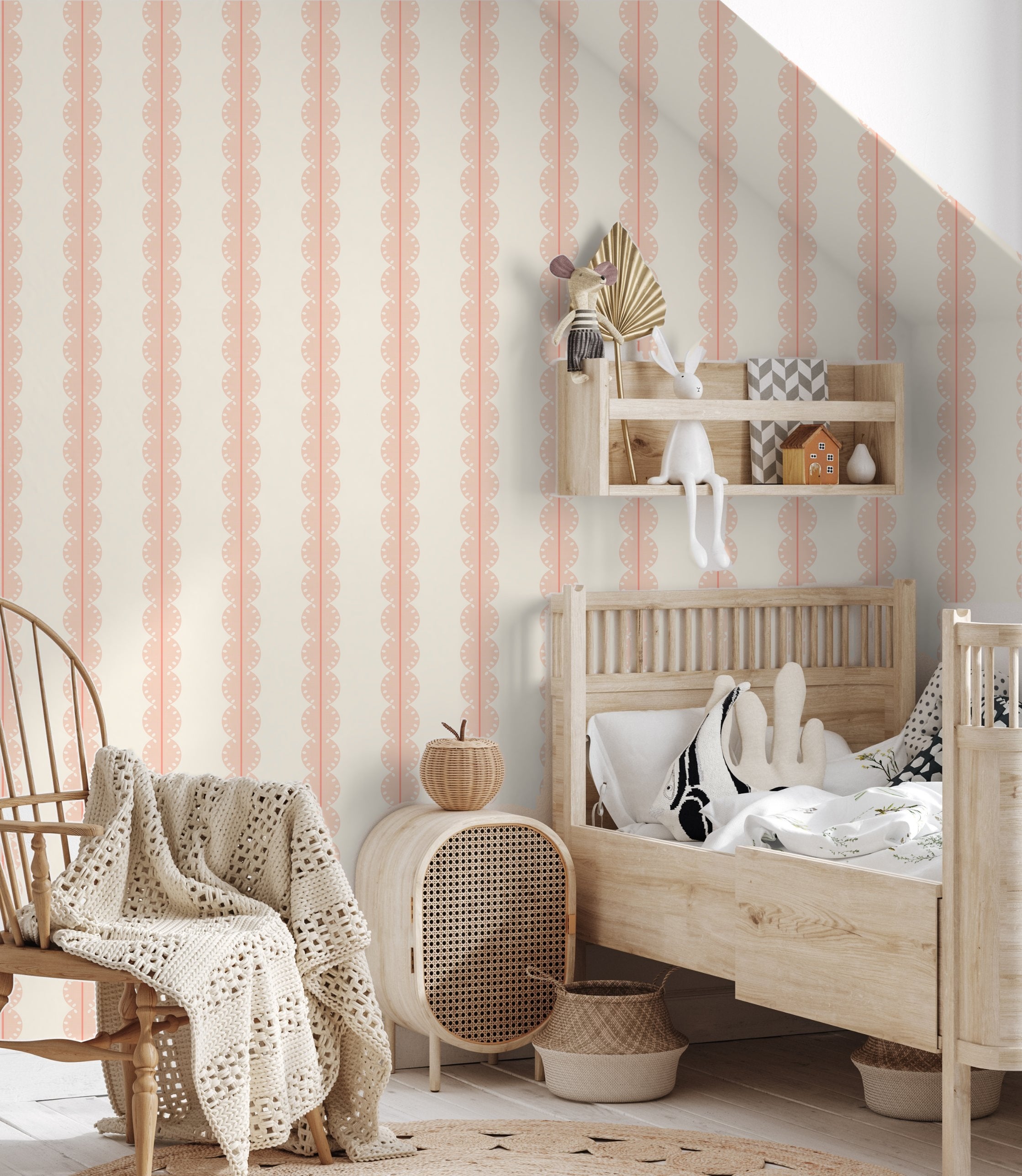 Papr Walls strepen behang meisjeskamer of babykamer met boogjes bubble dot nude lichtroze koraal