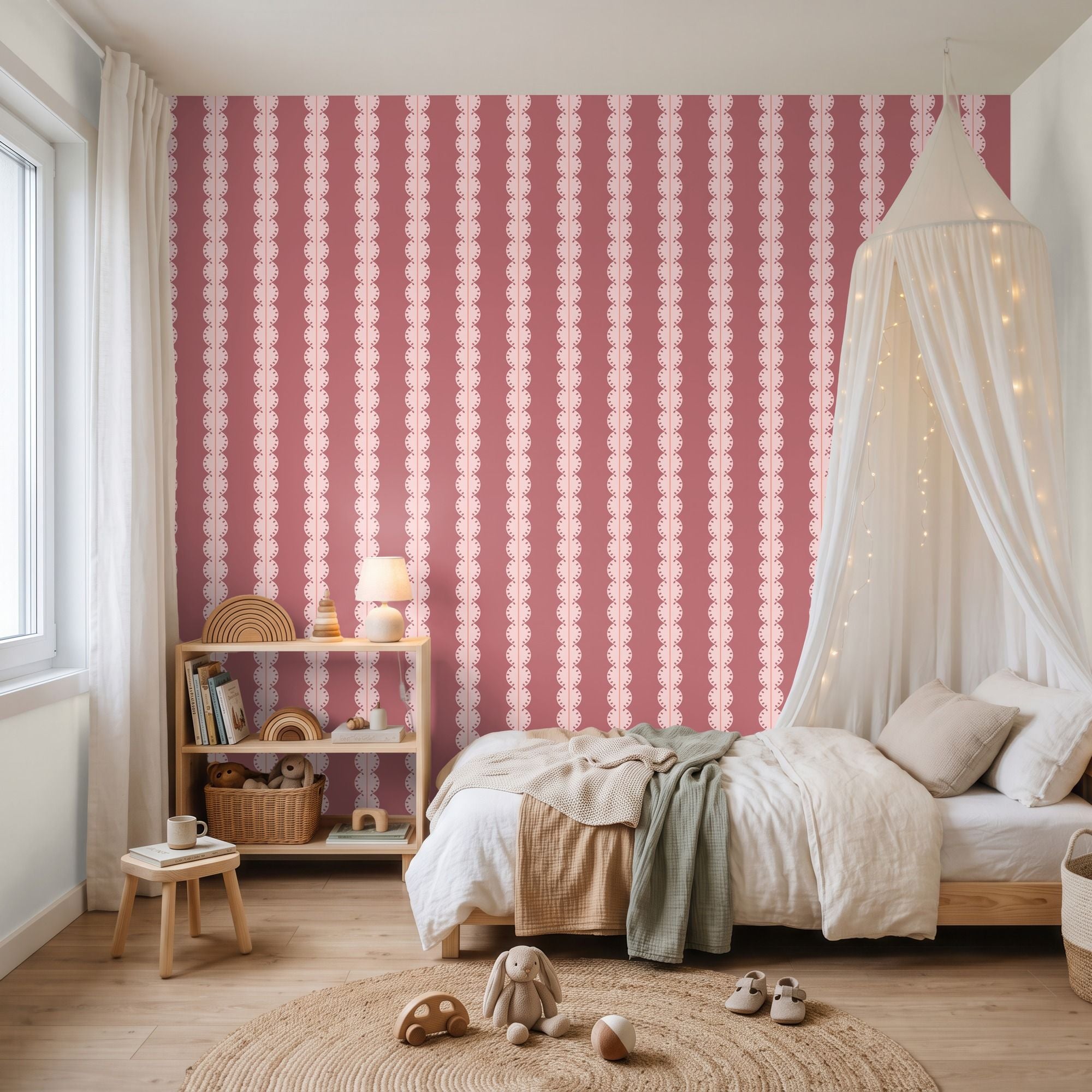 Papr Walls strepen behang meisjeskamer of babykamer met boogjes bubble dot nude oudroze koraal