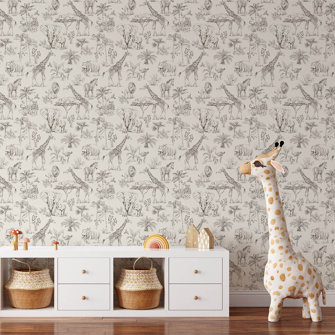 Pastelowe Love Safari behang voor de kinderkamer creme