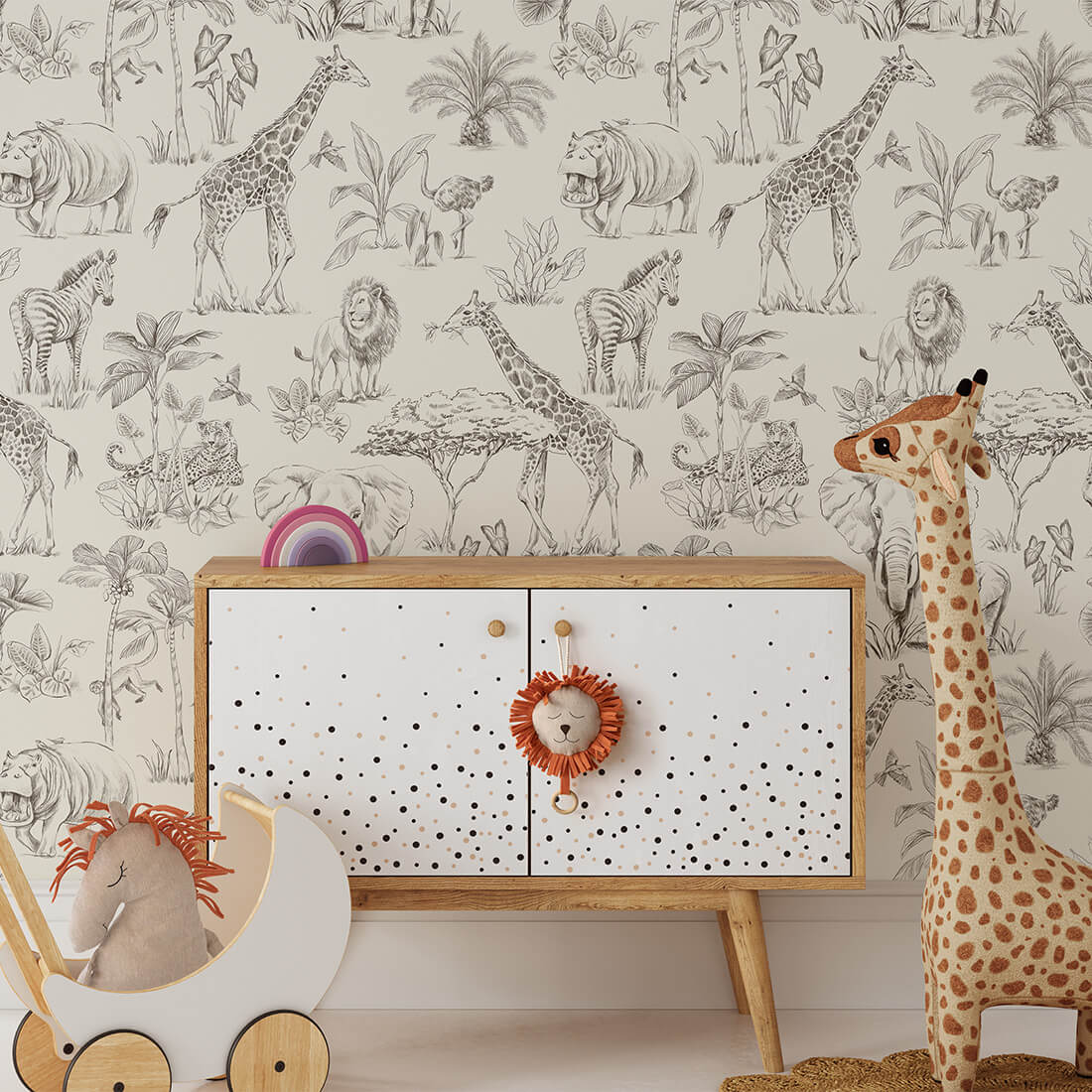 Pastelowe Love Safari behang voor de kinderkamer creme