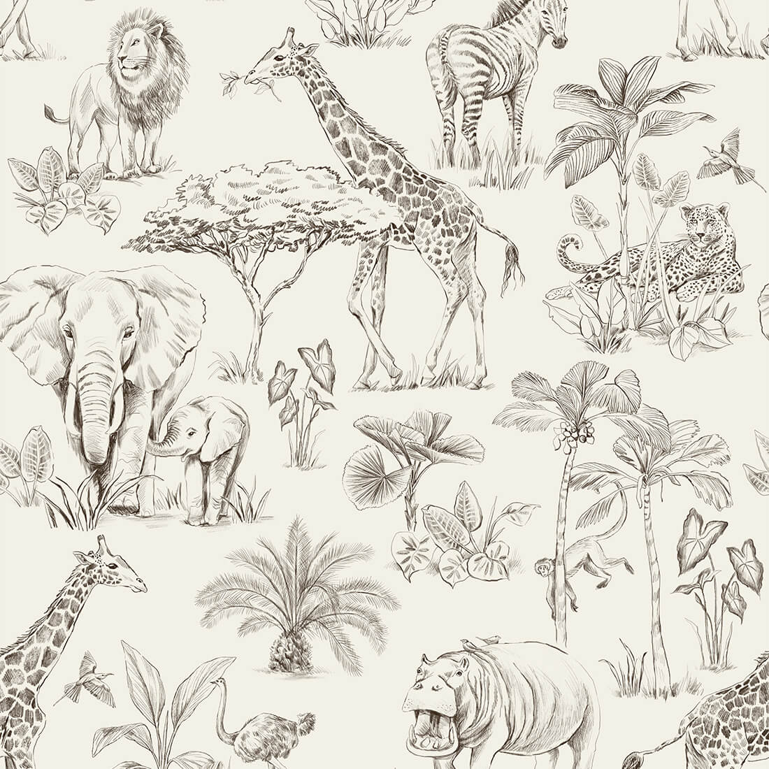 Pastelowe Love Safari behang voor de kinderkamer creme