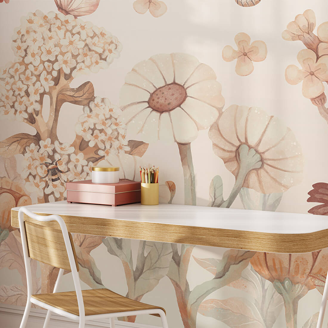 Pastelowe Love Flowers boho bloemen behang voor meisjeskamer en babykamer bruin terra