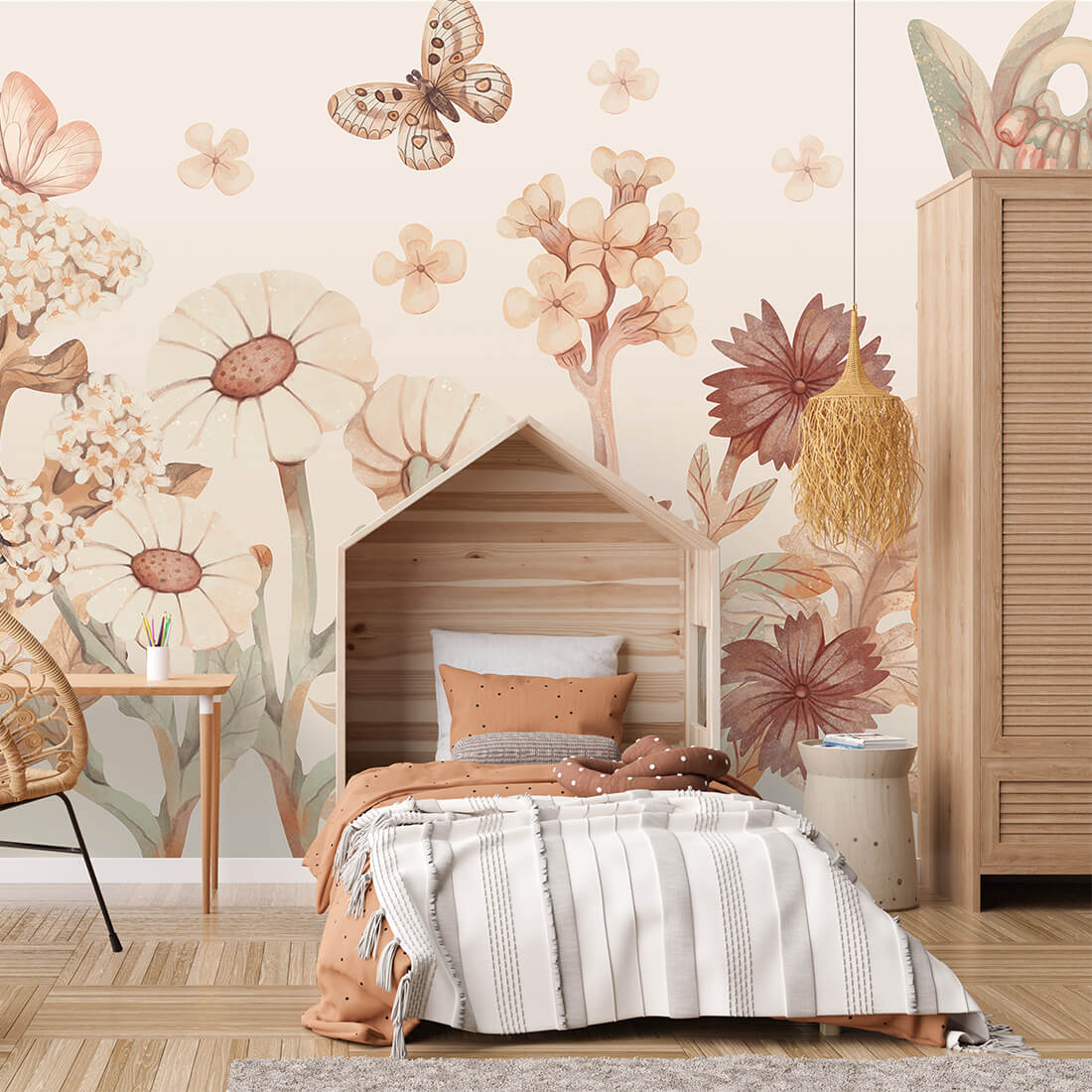 Pastelowe Love Flowers boho bloemen behang voor meisjeskamer en babykamer bruin terra