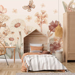 Pastelowe Love Flowers boho bloemen behang voor meisjeskamer en babykamer bruin terra