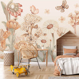 Pastelowe Love Flowers boho bloemen behang voor meisjeskamer en babykamer bruin terra