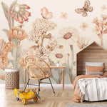 Pastelowe Love Flowers boho bloemen behang voor meisjeskamer en babykamer bruin terra
