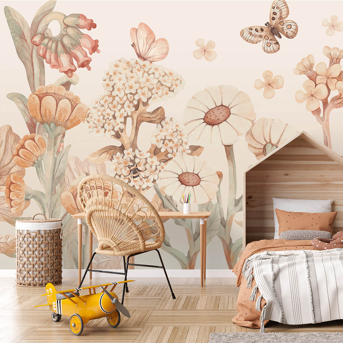 Pastelowe Love Flowers boho bloemen behang voor meisjeskamer en babykamer bruin terra