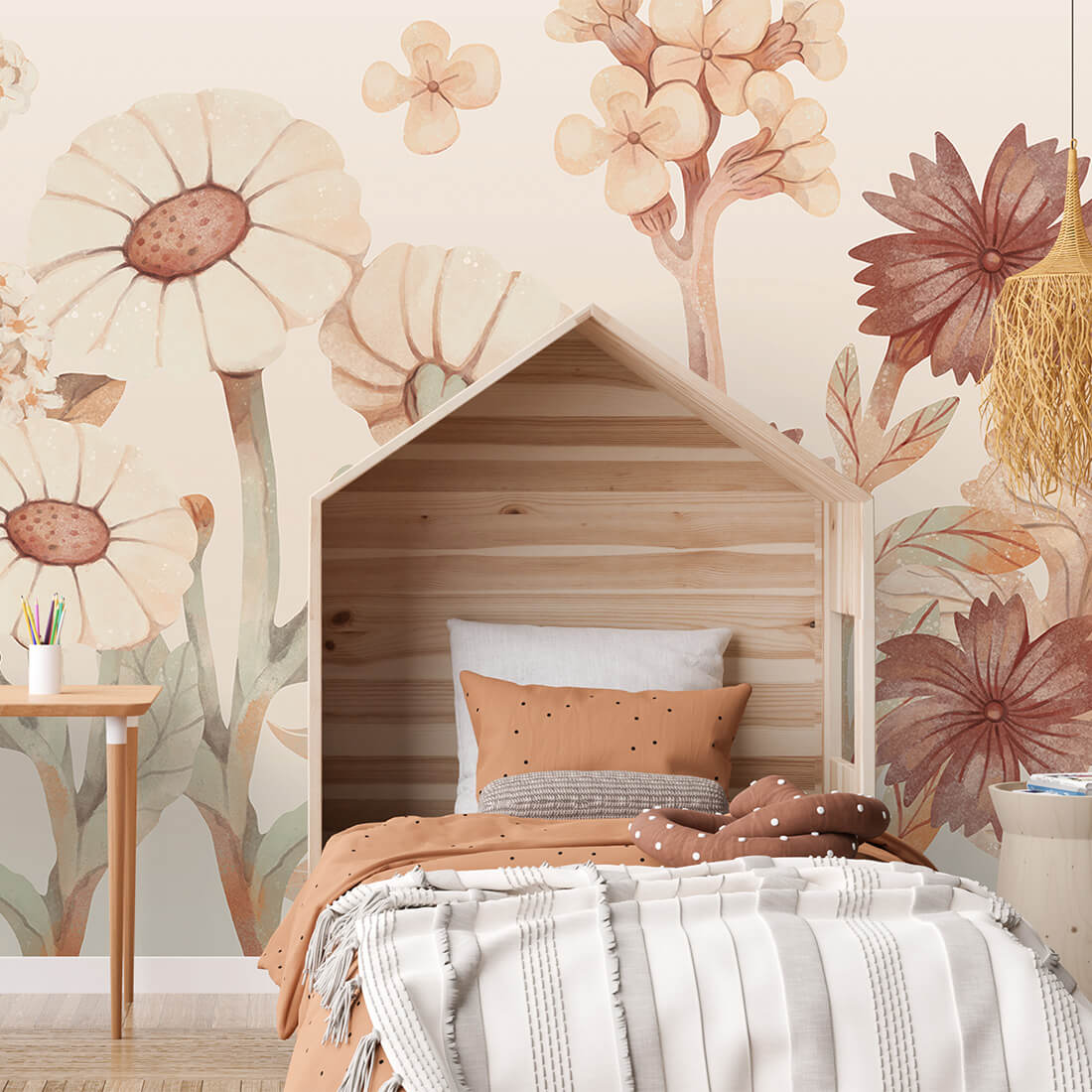 Pastelowe Love Flowers boho bloemen behang voor meisjeskamer en babykamer bruin terra