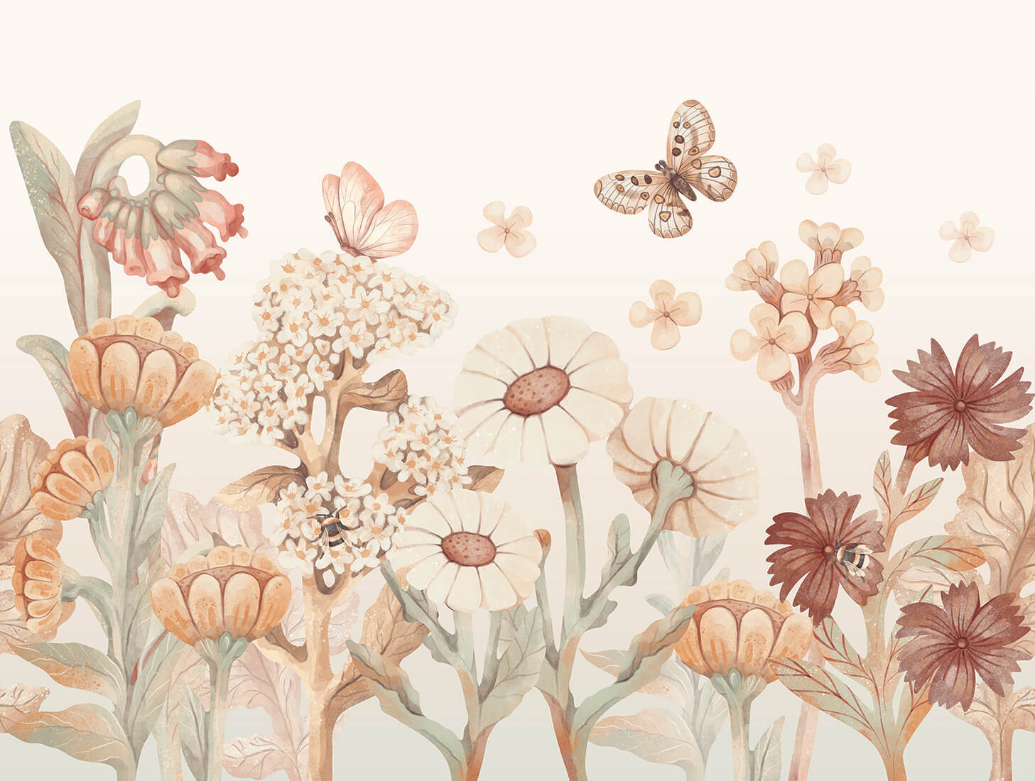 Pastelowe Love Flowers boho bloemen behang voor meisjeskamer en babykamer bruin terra