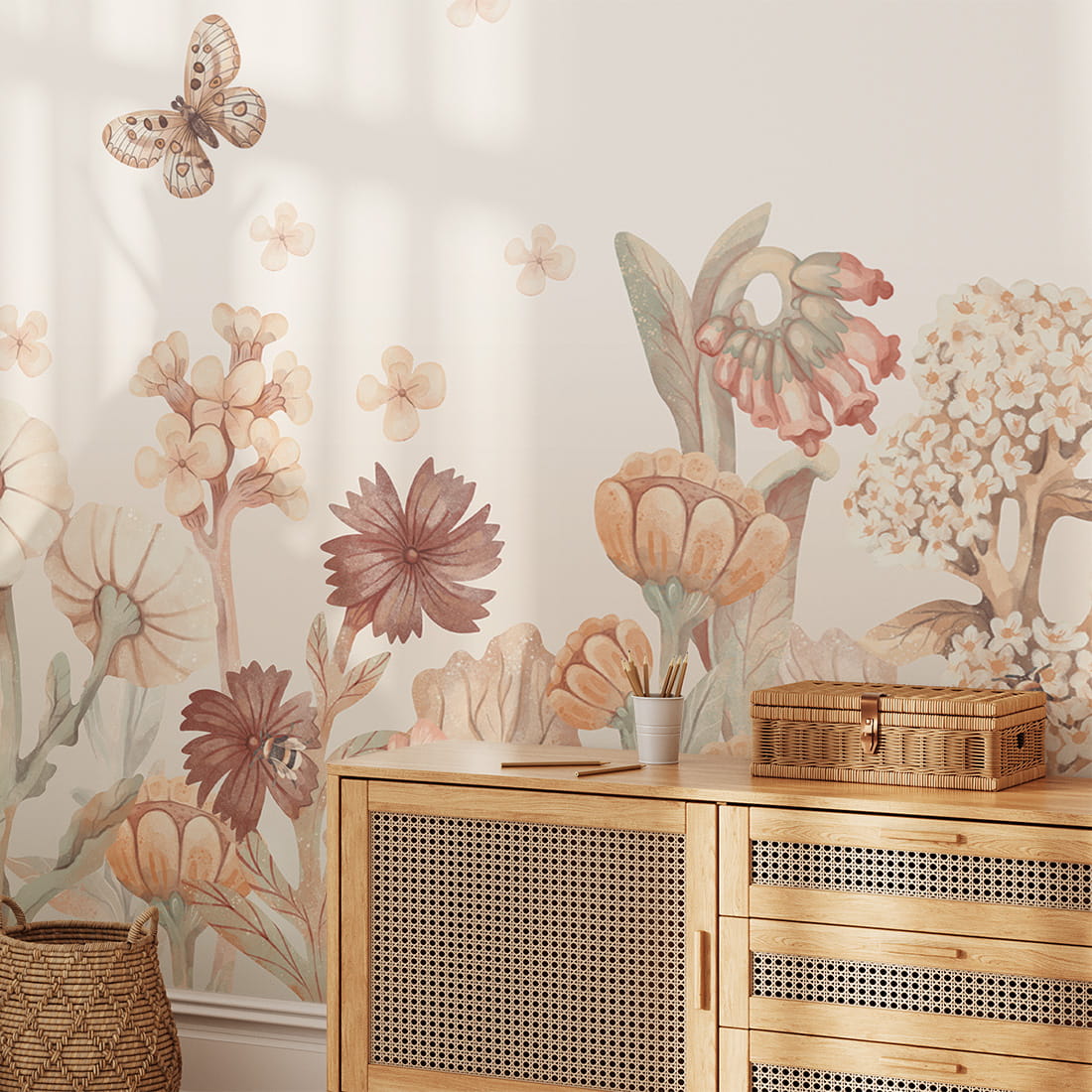 Pastelowe Love Flowers boho bloemen behang voor meisjeskamer en babykamer bruin terra