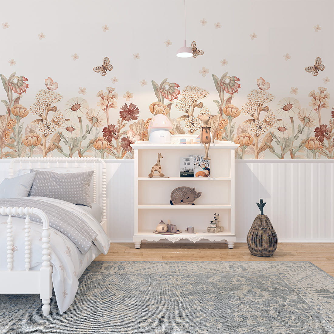 Pastelowe Love Flowers boho bloemen behang voor meisjeskamer en babykamer bruin terra