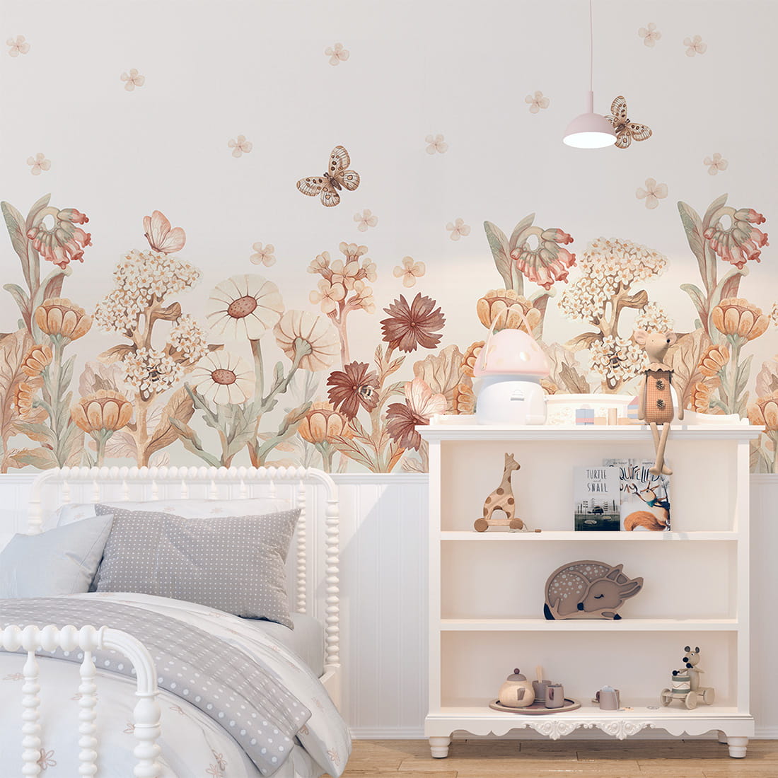 Pastelowe Love Flowers boho bloemen behang voor meisjeskamer en babykamer bruin terra