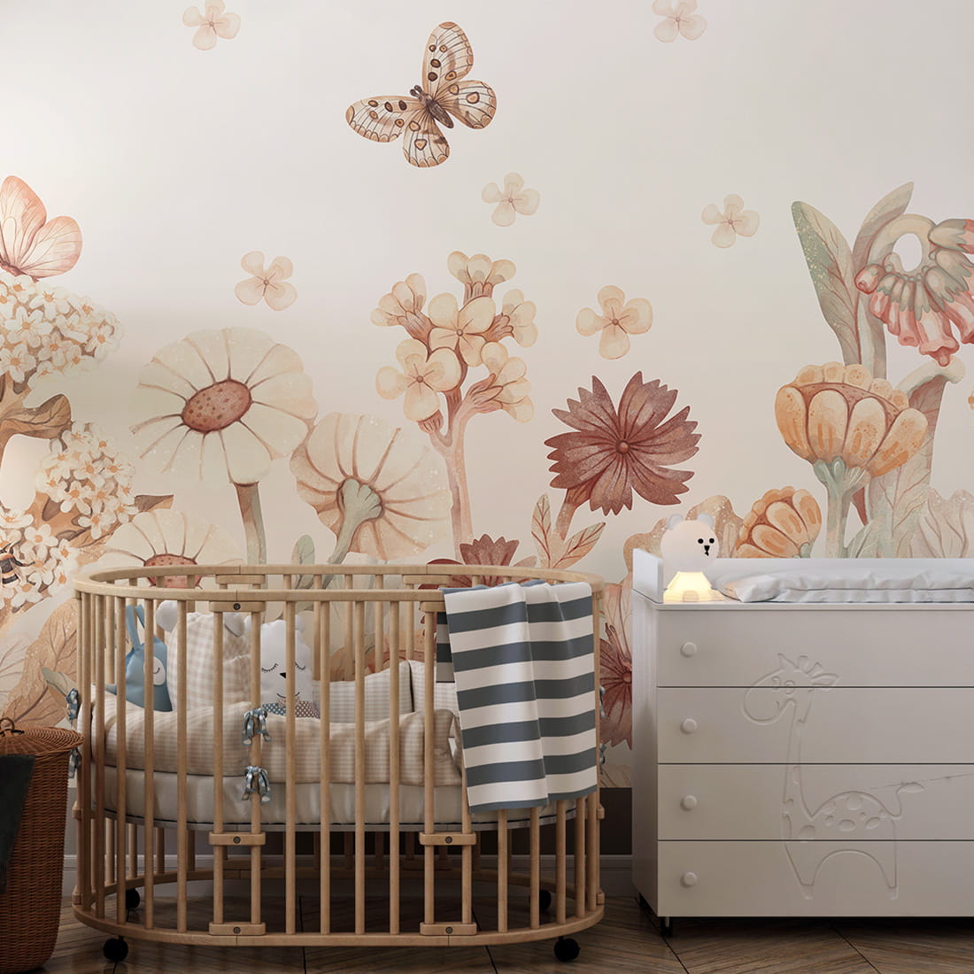 Pastelowe Love Flowers boho bloemen behang voor meisjeskamer en babykamer bruin terra