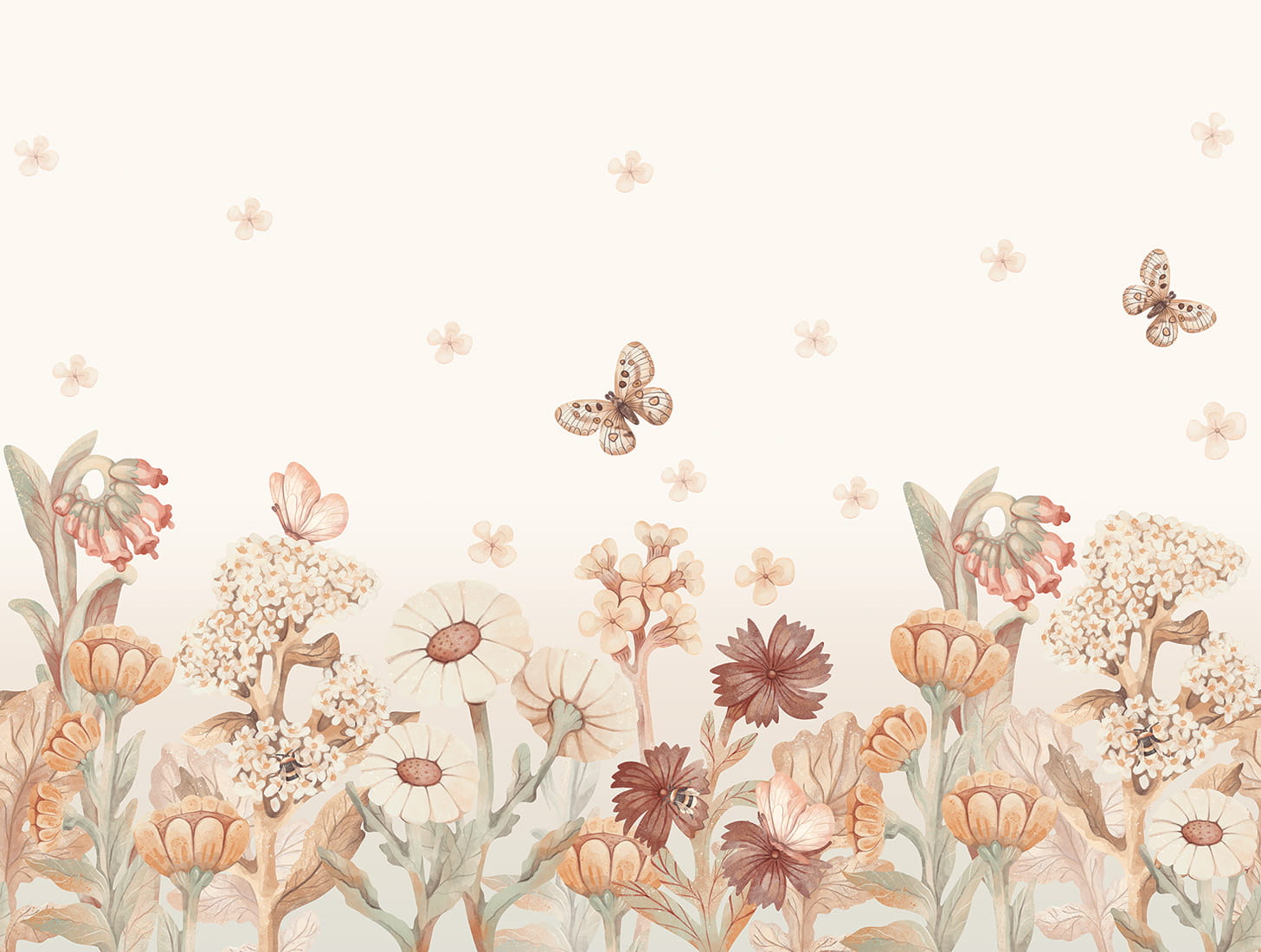 Pastelowe Love Flowers boho bloemen behang voor meisjeskamer en babykamer bruin terra