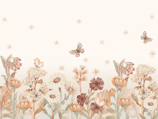 Pastelowe Love Flowers boho bloemen behang voor meisjeskamer en babykamer bruin terra