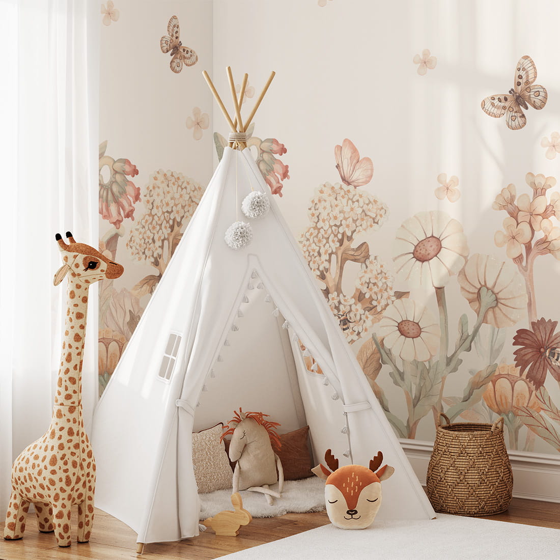 Pastelowe Love Flowers boho bloemen behang voor meisjeskamer en babykamer bruin terra