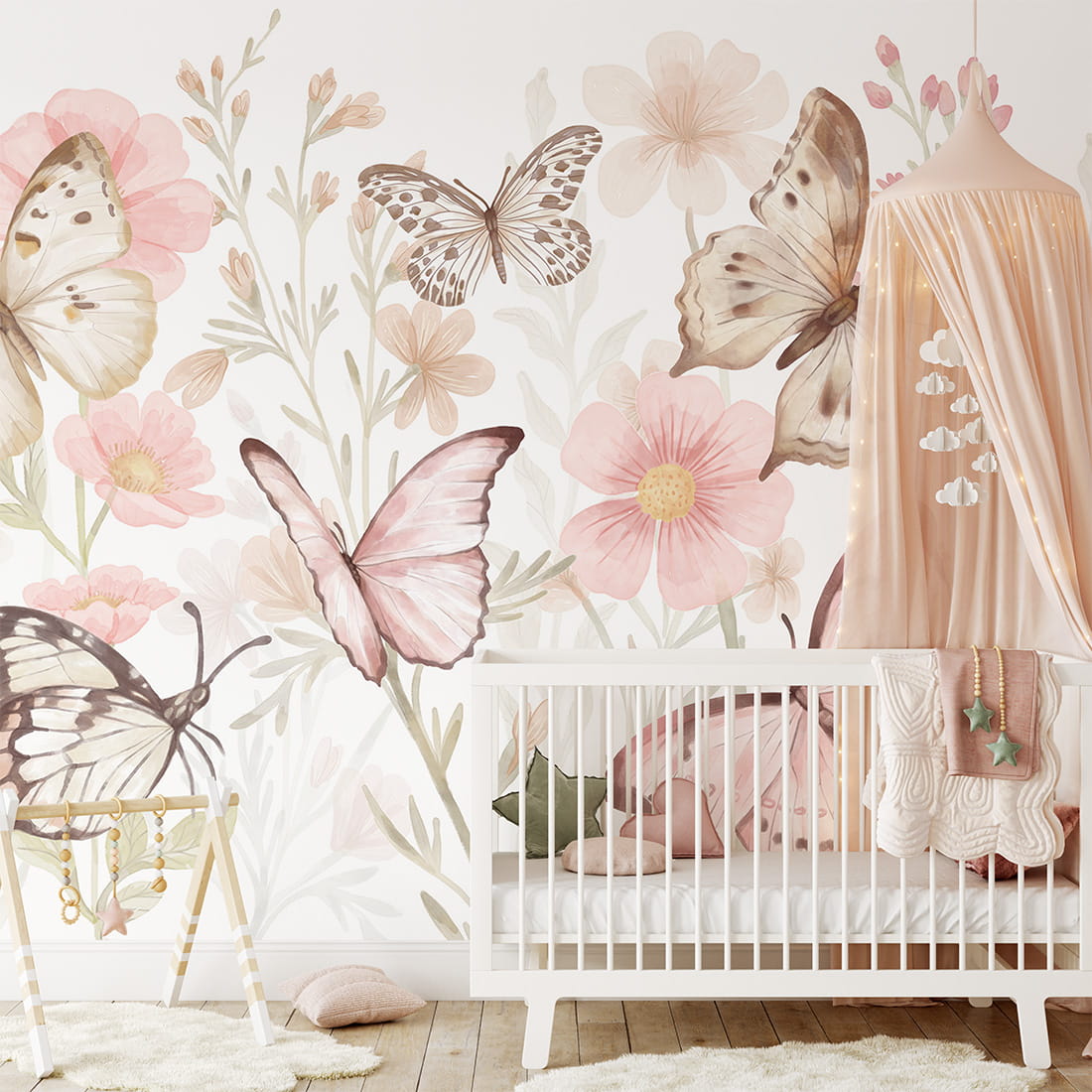 Pastelowe Love Butterflies bloemen en vlinders behang voor meisjeskamer en babykamer 